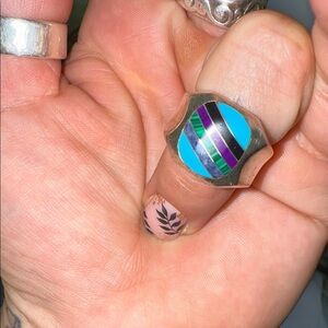 Silver and Turquoise Ring with Purple Accents sz7